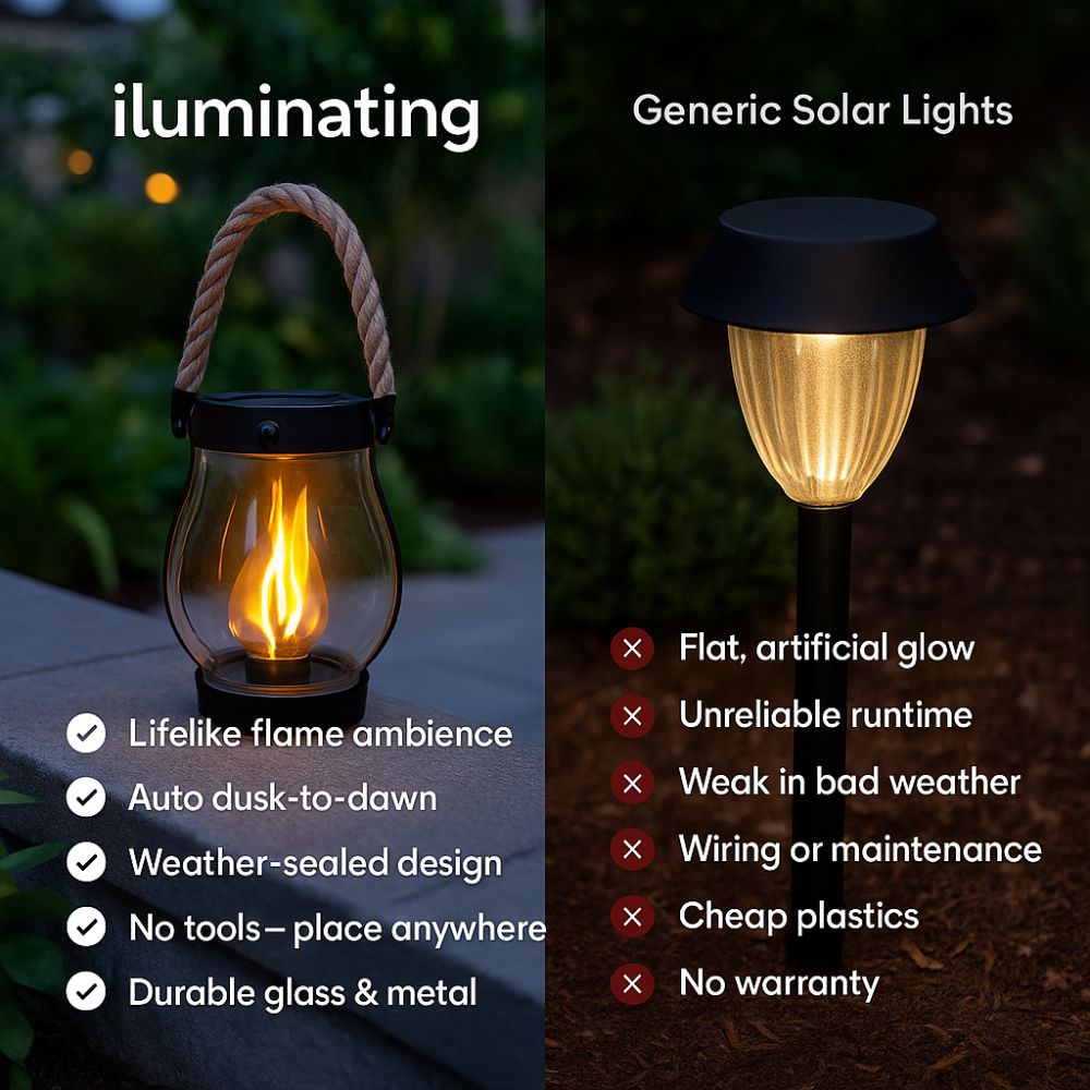 Comparison of a lifelike flame lantern and generic solar lights with pros and cons listed.