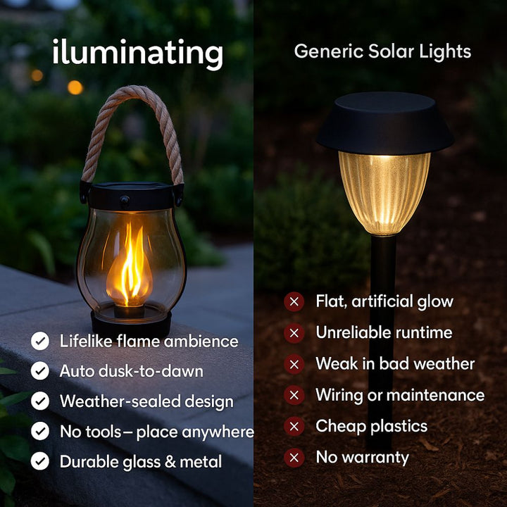 Comparison of a lifelike flame lantern and generic solar lights with pros and cons listed.