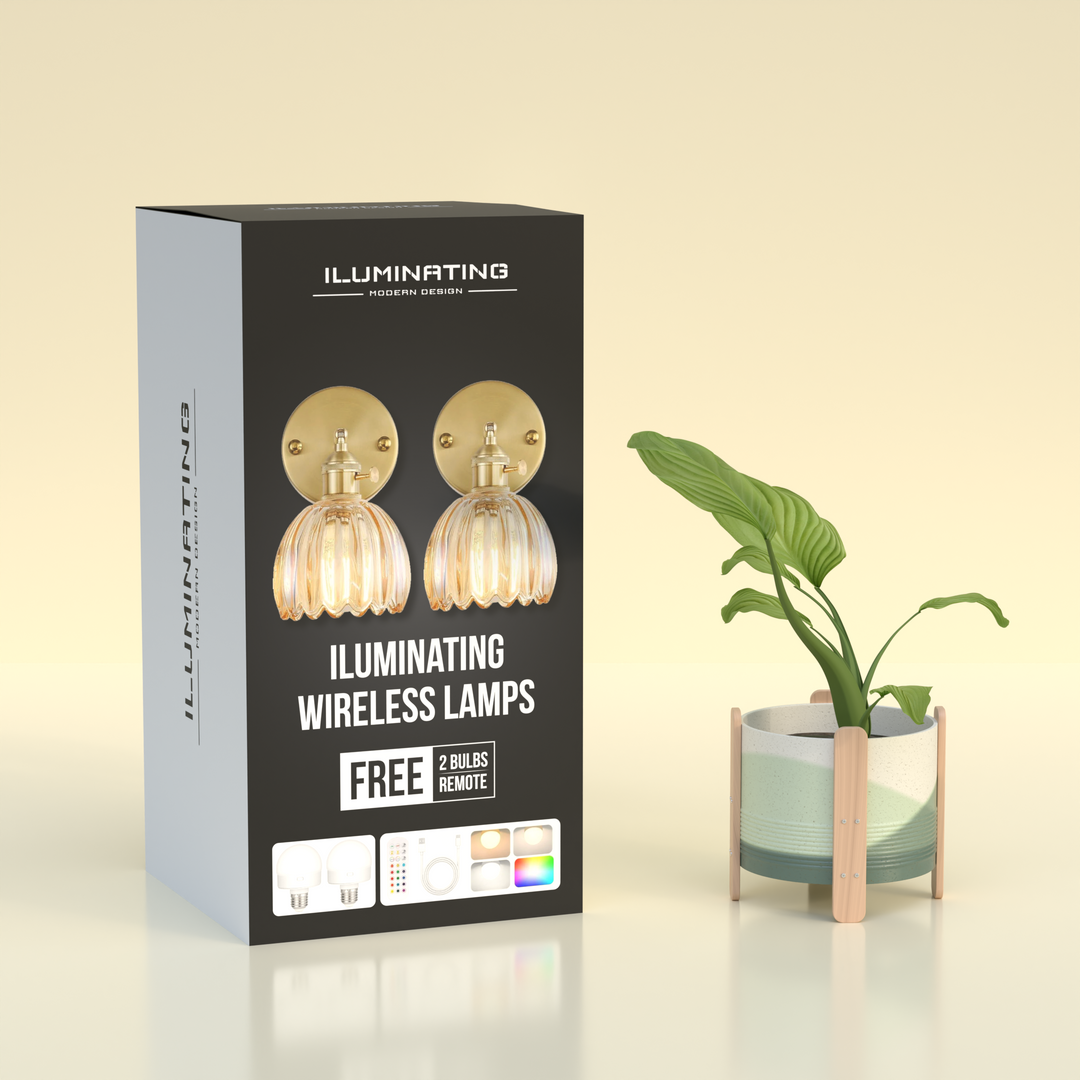 Iluminating Wireless Wall Light - Includes 2 Free Bulbs & Dimmable Brass & Glass Sconce